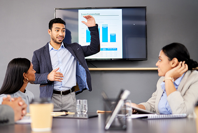 This should help our case. Shot of a young businessman giving a presentation