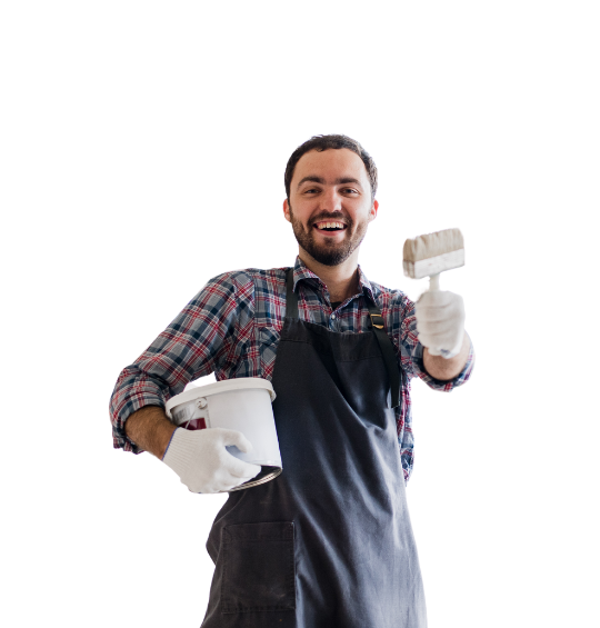 a man holding a paint brush and a bucket