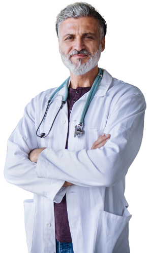 a man in a white coat with his arms crossed