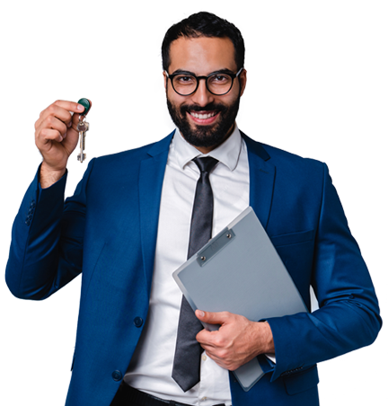 a man in a suit holding a key and a clipboard