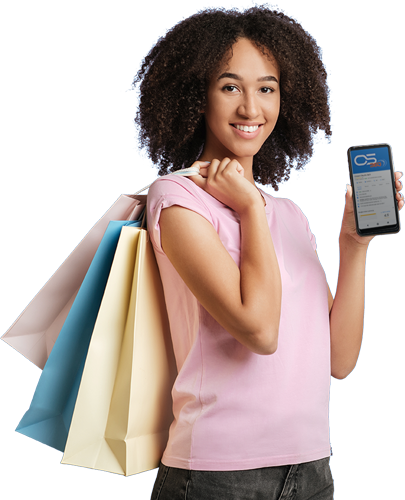 a woman holding a phone with Ocean Studio 360 Logo with shopping bags