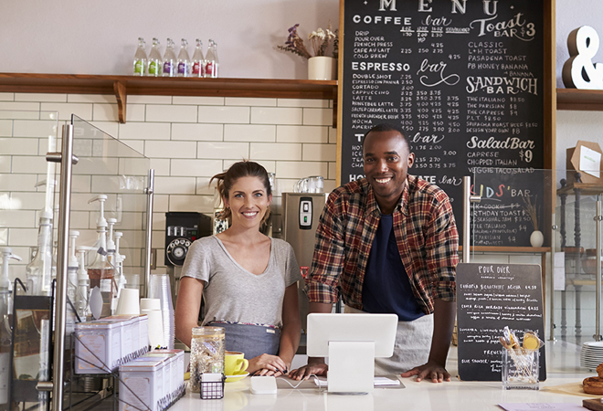 a man and woman in a cafe