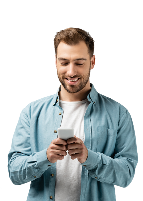 a man smiling at his phone