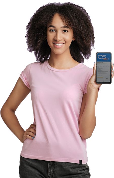 a woman holding a phone with Ocean Studio 360 Logo