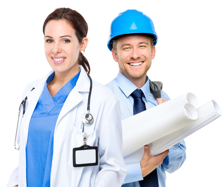 a man and woman wearing blue helmets and white lab coats