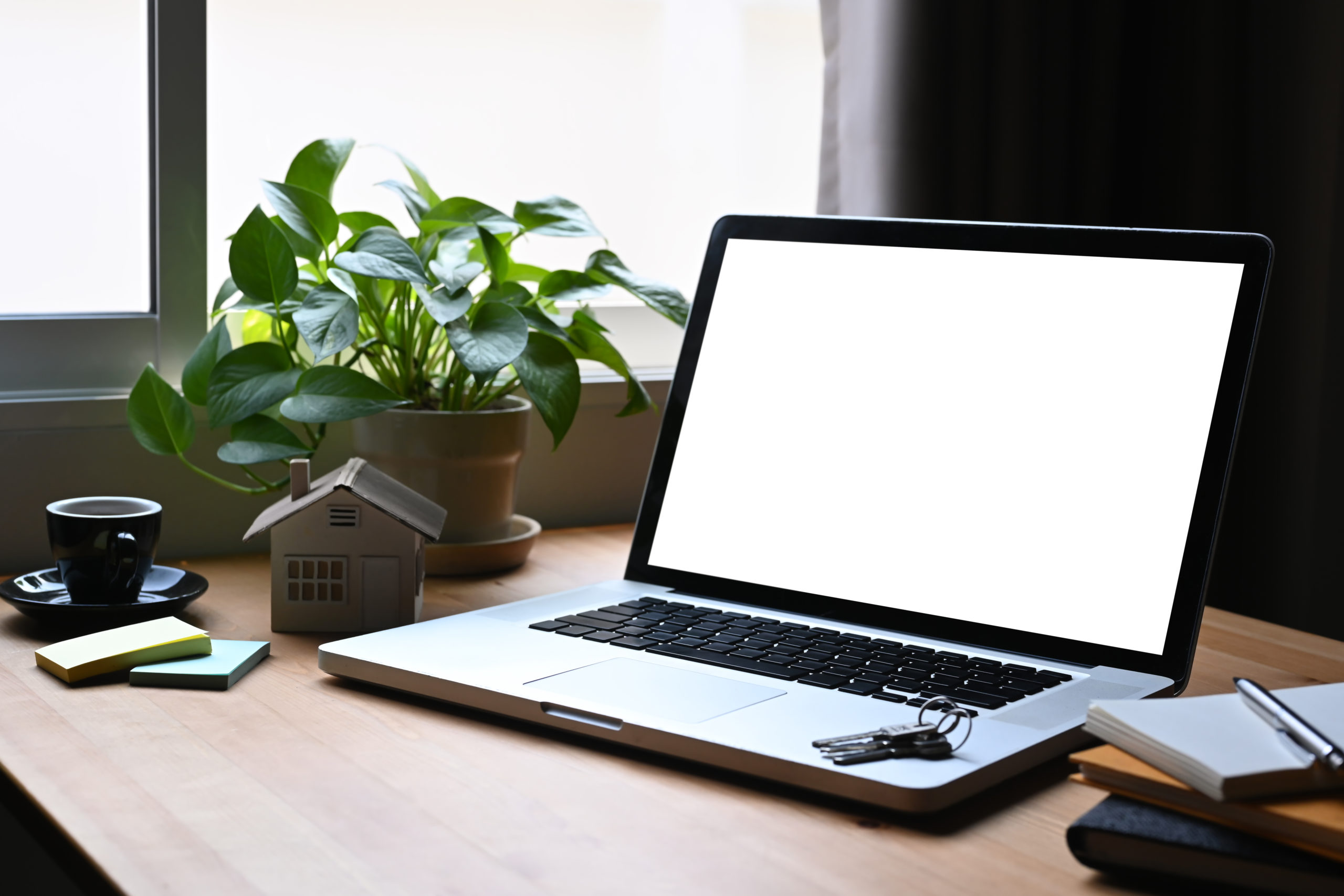 Laptop computer, small house model and houseplant on wooden table. Mortgage and real estate investment concept.