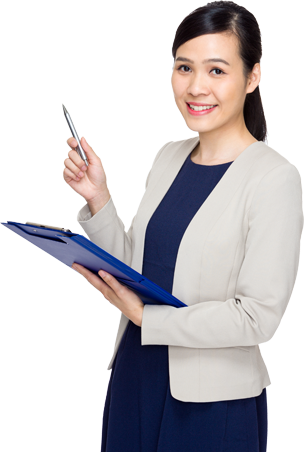 a woman holding a clipboard and a pen