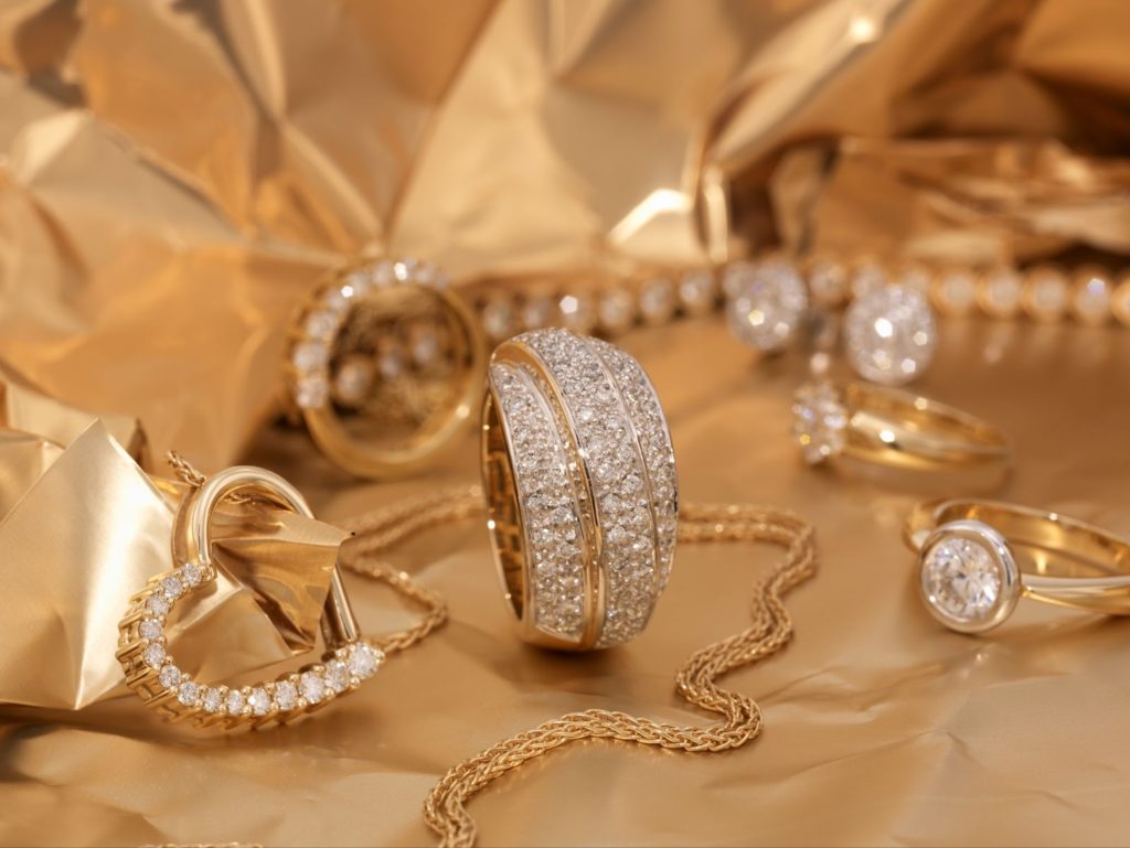 Gold jewelry displayed on a gold background.